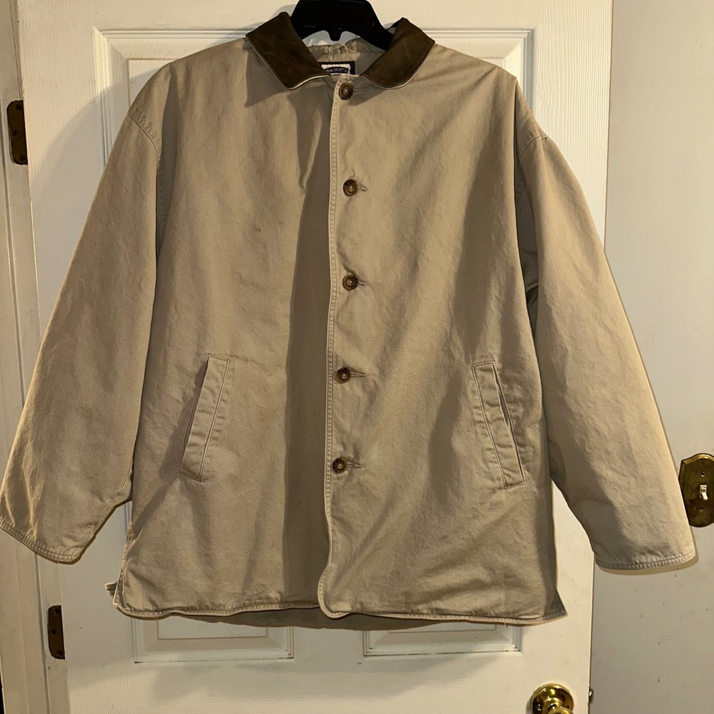 Lee Casual Collection Mens Tan Cotton Jacket XL Leather Collar Button Front